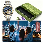 abordables Montres à quartz-Montre homme à cadran bleu, montre-bracelet de luxe à phases de lune, montre analogique bicolore en acier inoxydable avec volant squelette &amp;Coffret cadeau, cadeau élégant et étanche pour homme, argent