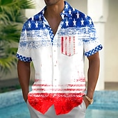  男性用 7月4日 米国建国250周年 アメリカの国旗 ウミガメ シャツ サマーシャツ ボタンアップシャツ 半袖 愛国 アウトドア 祝日 夏 春 折襟 3Dプリント 襟付きシャツ フロントポケット1つ ホワイト ダークブルー