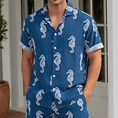cheap Ocean Print-Men's Seahorse Sea Creatures Summer Hawaiian Shirt Tropical Shirts Aloha Shirt Short Sleeve Hawaiian Vacation Holiday Beach Wear Summer Spring Turndown 3D Print Button Up Shirts Blue Brown Green