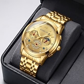 abordables Montres à quartz-Montre homme à cadran bleu, montre-bracelet de luxe à phases de lune, montre analogique bicolore en acier inoxydable avec volant squelette &amp;Coffret cadeau, cadeau élégant et étanche pour homme, argent