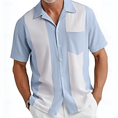 voordelige Heren Bowling Shirt-Voor heren Kleurblokkering Overhemd Cubaans overhemd Bowlingshirt Korte mouw Mode-casual Dagelijks Vakantie Zomer Lente Overhemd met kampkraag 3D-afdrukken Voorste zak Overhemden met knoopjes blauw