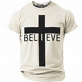  Believe Christian Cross Men's Minimalist Religious Spiritual T Shirt Graphic Crew Neck Short Sleeve Church Worship Gift for Believers Designer Clothing Apparel
