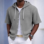 preiswerte Smart Casual Hemden für Herren-Herren Hemd Waffelhemd Freizeithemd Knopfhemd Schwarz Weiß Hellgrün Marineblau Purpur Kurzarm Einfarbig Einfach Mit Kapuze Lässig Täglich Fronttasche Bekleidung Elegant Mode Lässig