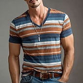 baratos T-shirts Homem com Estampado 3D-Camiseta masculina azul e marrom com listras horizontais multicoloridas, estilo retrô vintage anos 70, tecido texturizado, modelagem slim, gola V, ideal para o verão, casual e para uso diário.