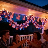  quattro luglio 250° anniversario degli Stati Uniti 6m 40 led stella patriottica &Luci a stringa per bandiere, striscia LED rossa, bianca e blu, alimentate a batterie AAA, luce fissa &modalità