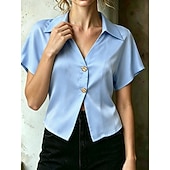 ieftine tricou simplu-Pentru femei Cămașă din satin Bluză Nasturi Culoare solidă Stilat Casual Manșon scurt Guler Cămașă Crop Tops Casual Zilnic În aer liber Albastru piscină Negru Alb Caisă Vară Primăvară