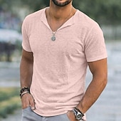 billige Bomull Lin T-skjorter-Herre T-skjorte T-skjorte i lin Kort Erme V-hals Sommer عادي Mote Designer Grunnleggende Myk Ren Avslappet Feriereise Gate Blå Svart Hvit Topp T-skjorte for menn