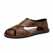 abordables Sandales décontractées-Sandales à brides croisées pour homme, en similicuir marron foncé, confortables et idéales pour l'été et le quotidien.