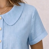 billige Enkle bluser-Dame Skjorte Sommerskjorte Uformell skjorte Skjorte med knapper Helfarge عادي Elegant Ferie Mote Kortermet Peter Pan krage Vanlige topper Gateklær Strand Ferie Blå Svart Hvit Rosa Rød Sommer Vår Høst