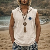 abordables Translation-Sweat à capuche sans manches pour homme, style bohème vintage tribal, imprimé soleil céleste, ourlet brut effiloché, coupe ample, col en V, idéal pour la plage, les vacances et les festivals.