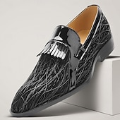 voordelige Premium leren loafers-Premium herenloafers van echt zwart lakleer met spitse neus en franjes, geschikt voor zakenlieden, bruiloftsgasten, banketten, feesten en luxe avondkleding.