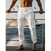 preiswerte Urlaub-Herren Cargo-Hosen Leinenhosen Hose Sommerhose Strandhose Kordelzug Elastischer Bund Mehrere Taschen Einfach Komfort Atmungsaktiv Täglich Outdoor Strand Urlaub Mode Schwarz Weiß Unelastisch