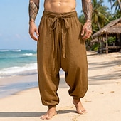 preiswerte Urlaub-Herren Leinenhosen Sommerhose Baggy-Hosen Strandhose Kordelzug Elastischer Bund Einfach Komfort Atmungsaktiv Volle Länge Täglich Outdoor Strand Urlaub Böhmische Gelb Wein Unelastisch