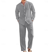 abordables Chemises lin et coton-Homme Chemise en lin Deux pièces Ensemble Chemise Et Pantalons en Lin Pantalons Pantalon décontracté Set Uni Quotidien Extérieur Vacances Col grand-père manche longue Été Printemps Mode Occasionnel