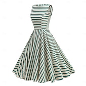 cheap Dresses-1950s Retro Vintage Midi Dress Swing Dress Flare Dress Sleeveless Striped Fit &amp; Flare Swing Round Neck Fancy Dress Women's Carnival Casual Party Dailywear Adults' Dress Spring &amp; Summer