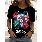  VM i fotball 2026 dame-t-skjorte med trykk, grafikk, stilig, klassisk, avslappet, korte ermer, rund hals, vanlig, topper, avslappet, daglig, sport, svart, sommer, vår