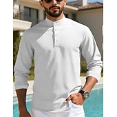 preiswerte Lässiges Henley-T-Shirt-Herren T Shirt Waffel-Henley-Hemd Henley Hemd Langarmshirt Langarm Henley Sommer Frühling Einfach Mode Streetwear Freizeit Knöpfe Lässig Täglich Urlaub Blau Schwarz Weiß Top T-Shirt für Herren