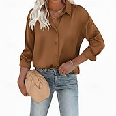  Dames Overhemd Elegant satijnen top Blouse Knop Effen Elegant Stijlvol Lange mouw Overhemdkraag Normale tops Dagelijks Feestdagen Uitgaan blauw Zwart Wit Geel Lichtgroen Zomer Lente Herfst