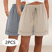 ieftine Pantalonii-pachete multiple 2 buc pantaloni scurți de damă din bumbac și in, pantaloni scurți de vară, pantaloni scurți de plajă, vacanță, pantaloni scurți simpli, talie înaltă, simplu, cu buzunar, talie elastică, confortabili, moi, confortabili, neelastici, zilnic,