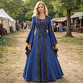 abordables Robe-ancien Médiéval Renaissance Longueur au sol Robe Manches longues Sorcière Col carré Déguisement Femmes Fantaisie Halloween Carnaval Foire de la Renaissance LARP Adultes Robe Printemps