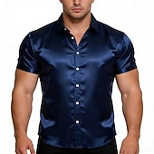 abordables Chemises en satin pour hommes-Homme Chemise Chemise en satin Chemise habillée Chemise Boutonnée Couleur Unie Extérieur Travail Noir Blanche Jaune Rouge Manche Courte Col Rabattu Été Printemps Vêtement Tenue Boutons