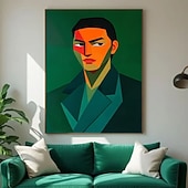 cheap People Paintings-Modern Abstract Portrait Painting Green Orange Figure Wall Art Cubist Face Canvas Contemporary Large Man Artwork Decor