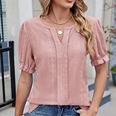 economico T-shirt semplice-Per donna Blusa con texture Top traforato Maglietta traforata Maglietta Traforato Tinta unica Moda Classico Casual Manica Corta Scollo a V Top Regolari Casuale Quotidiano Spiaggia Nero Bianco Rosa