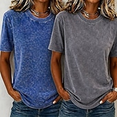  Confezioni multiple 2 pezzi Per donna Girocollo Manica Corta Viola + Blu Maglietta Set di magliette Camicia 100% cotone lavaggio acido Lavato Casuale Spiaggia Cotone