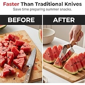 cheap Kitchen Utensils &amp; Gadgets-3 Pcs Triangle Watermelon Cutter, Stainless Steel Watermelon Slicer with Wooden Handle Melon Slicer, Stainless Steel Watermelon Slicer Tool for Home Kitchen Camping Picnic