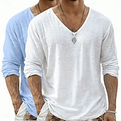  Camiseta de lino para hombre, 2 piezas, manga larga, cuello en V, verano, primavera &Conjunto de 2 piezas liso para verano, color liso, para uso diario, estilo urbano, informal, para exteriores, color