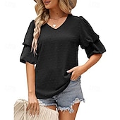 baratos Chiffon Tops-Mulheres Camisa Social Blusa Tops de chiffon Tecido à moda Básico Clássico Manga Curta Manga Princesa Decote V Tops regulares Casual Diário Feriado Azul Preto Branco Vinho Verde Escuro Verão Primavera