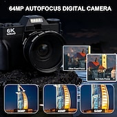 Недорогие Экшн-камеры-Цифровая фото- и видеокамера 6K, камера для видеоблогинга 64 Мп с автофокусом, поворотным экраном на 180°, вспышкой, замедленной съемкой и широкоугольным объективом. &amp;макрообъектив, компактная камера