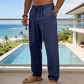 cheap Holiday-Men's Linen Pants Trousers Summer Pants Baggy Pants Drawstring Elastic Waist Straight Leg Plain Comfort Breathable Full Length Daily Outdoor Holiday Fashion Classic Style Blue White Micro-elastic