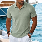 economico Polo Classico da Uomo-Per uomo Camicia di lino Polo Casuale Vacanza Classico Manica Corta Vacanza Moda Semplice Testurizzato Bottoni Estate Primavera Vestibilità regolare azzurro cielo Nero Rosa Verde Azzurro Camicia di