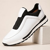 voordelige Premium lederen sneakers-Witte leren instapsneakers voor heren met zwarte accenten, lichtgewicht lage casual schoenen, ademend comfort voor dagelijks gebruik, wandelen en weekenduitjes.