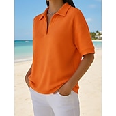  Damskie Podkoszulek Koszulki polo Koszulki Swetry w wafelkowatej dzianinie Równina Moda Elegancki Podstawowy Krótki rękaw Kołnierzyk koszuli Zwykłe topy Codzienny Wyjściowe Weekend Niebieski Czarny