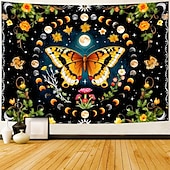 voordelige Wandtapijten-Boho mandala wandtapijt met halve maan, sterrenhemel en bloemen, wanddecoratie in verbrand oranje, hippie-psychedelische stijl, grote stoffen poster voor slaapkamer, studentenkamer, woonkamer, yoga en
