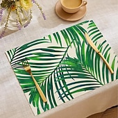 זול Placemats &amp; תחתיות וטריב-משטח שולחן אוכל מבד עלי דקל קיציים, משטח שולחן מלבני ארוג 100% פוליאסטר, עיצוב דוגמת צמח טרופי ירוק, ניתן לכביסה במכונה, עמיד בחום, מגן שולחן עמיד, מטבח ביתי מודרני