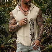 abordables T-shirts tropicaux de vacances-Chaleco sin mangas con capucha para hombre, estampado de vegvisir valknut, runas nórdicas, cuervo, guerrero vikingo, estilo boho, algodón y lino, bajo deshilachado, corte holgado, ideal para verano,