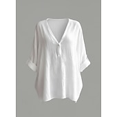 preiswerte Luxushemden-Damen Baumwoll-Leinen-Hemden Gerafft Einfarbig Täglich Basic Lässig Langarm V Ausschnitt Normale Oberteile Täglich Blau Weiß Rosa Grün Sommer Frühling Herbst