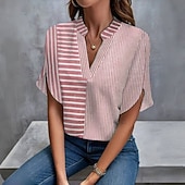 abordables T-shirt Art &amp; Design-Femmes Chemise Chemisier Patchwork Rayé Élégant Vacances Manche Courte Col en V Hauts Longs Quotidien Fête Sortir Rose Claire Bleu Roi Été Printemps