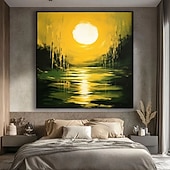 cheap Landscape Paintings-Hand Painted Sunset Oil Painting Emerald Green Abstract Textured Canvas Green Lake Moon Water Reflection Art