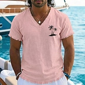abordables Translation-T-shirt homme style bohème côtier vintage, imprimé palmiers tropicaux, en coton et lin, col V, ourlet brut effiloché, coupe ample, idéal pour la plage, les vacances en bateau. Tailles S, M, L, XL,
