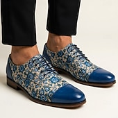 cheap Elemental Dress Shoes-Men's Blue Floral Oxford Shoes Lace-Up Dress Shoes Elegant Statement Footwear for Wedding Guests, Banquets, Parties, Prom and Formal Evening Wear