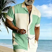 economico Geometrica-Per uomo Geometrico Blocco di colori Patchwork Camicia Camicia con Bottoni Camicia con collo camp Manica Corta Moda Casual Abbigliamento casual alla moda Vacanza Estate Primavera Colletto cubano