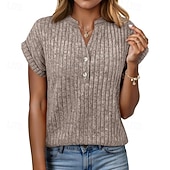 economico T-shirt semplice-Per donna Maglietta Bottoni Tinta unica Moda Classico Casual Manica Corta Scollo a V Top Regolari Quotidiano Uscire Weekend Blu Nero Verde militare Grigio Estate Primavera
