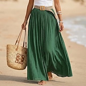ieftine Fuste simple-Pentru femei Fustă de vacanță Fustă din bumbac artificial și in Modă Casual Lung vară Maxi Talie Înaltă Fuste Simplu Zdrobit Fluid Strech Zilnic Plajă Albastru piscină Măr Verde Maroniu Galben Lămâie