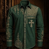 זול חולצה ליום פטריק הקדוש-חולצת צלב קלטית של סנט פטריק לגברים Button Up Long Sleeve Vintage Retro Party Holiday Spring Fall Turndown עם חולצת בד דומה ללינן ירוק 1 ירוק