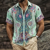 preiswerte Retro Vintage Druck-Herren Paisley-Muster Blumendruck Ethnisch Hemd Knopfhemd Kurzarm Vintage-Retro Streetwear Urlaub Sommer Frühling Umlegekragen 3D-Druck Hemden mit Kragen Blau Rosa Orange Grün