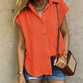 cheap Plain Blouses-Women's Shirt Cotton Linen Shirts Beach Shirt Button Up Shirt Solid Color Plain Vacation Fashion Casual Sleeveless Turndown Regular Tops Streetwear Beach Holiday White Yellow Orange Light Blue Summer